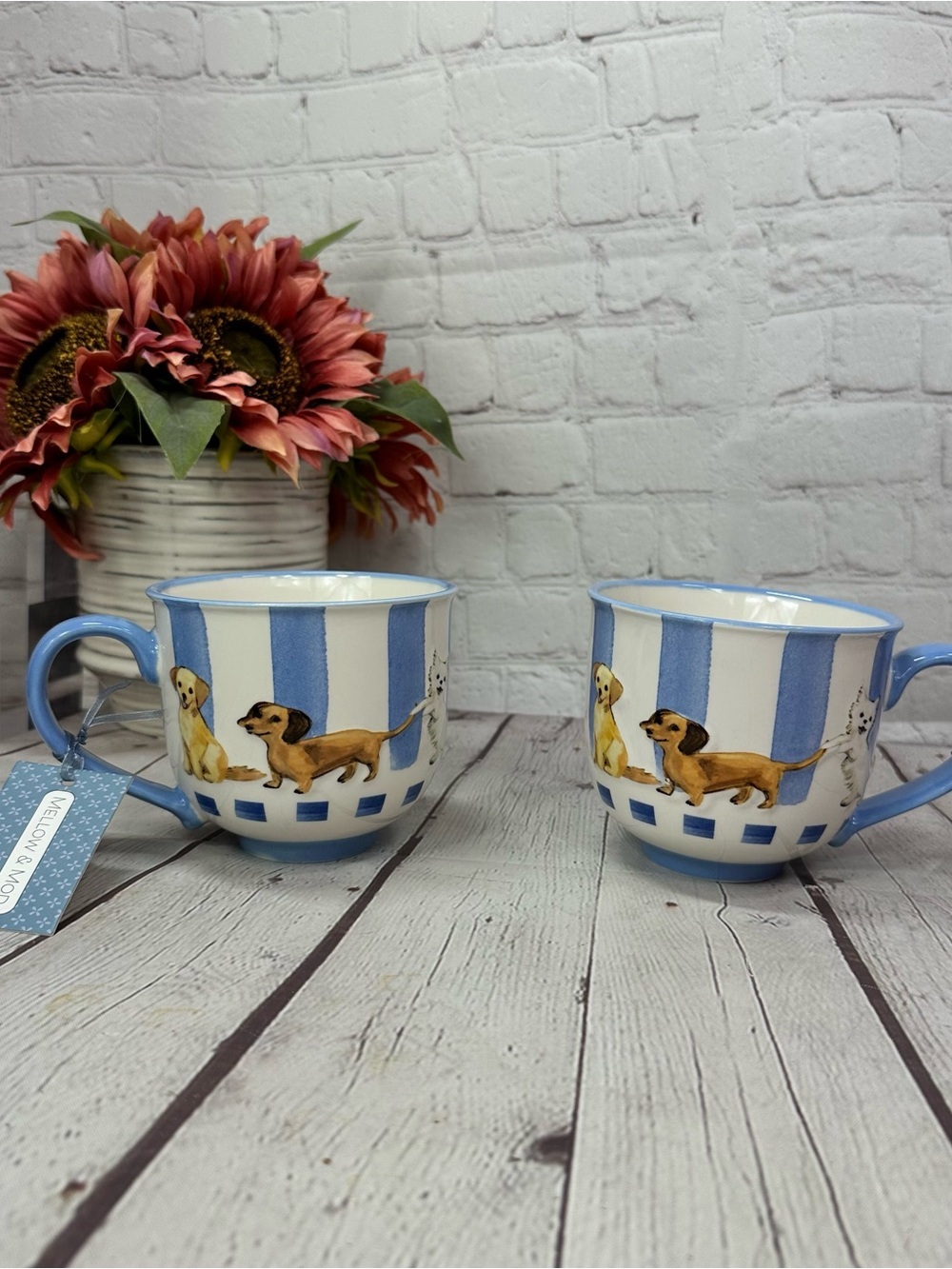 NWT mellow & mod blue Striped Dog Ceramic mug 2pc dachshund westie retriever